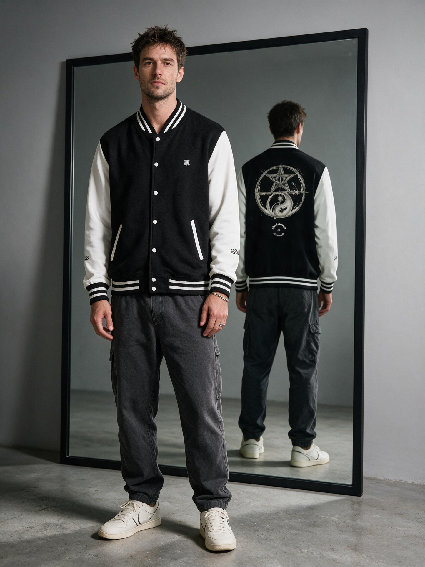 "Find Yourself" Varsity Jacket — Jet Black & Arctic White